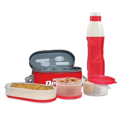 Image of MILTON Hydrameal Combo Set Lunch Box with Insulated Jacket & 490 ml Water Bottle, 3 Containers (450 ml, 280 ml, 280 ml), Microwavable & Leak-Proof Tiffin for Office, School & College, Red