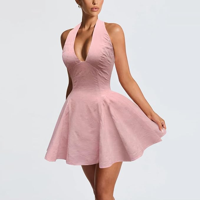 Women's Cotton Jacquard mini Dress - Fit and Flare V-Neck Halter Bowknot Sexy A Line Club Party Going Out Dresses - Image 2
