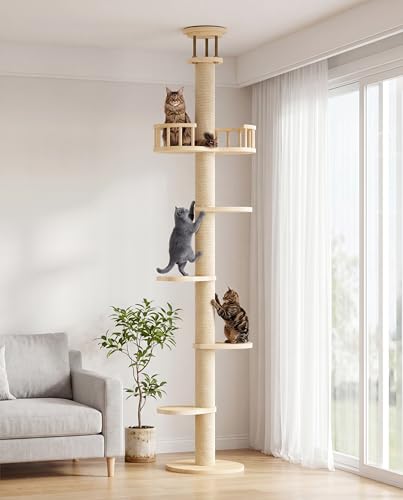 Homiflex Floor to Ceiling Cat Tree with Wall Shelves 6 Tier Cat Tower Adjustable Height (95-110in) and 10-in-1 Wall Mounted Cat Shelves High & Sturdy Activity Cats Tree for Indoor w/Scratching Post