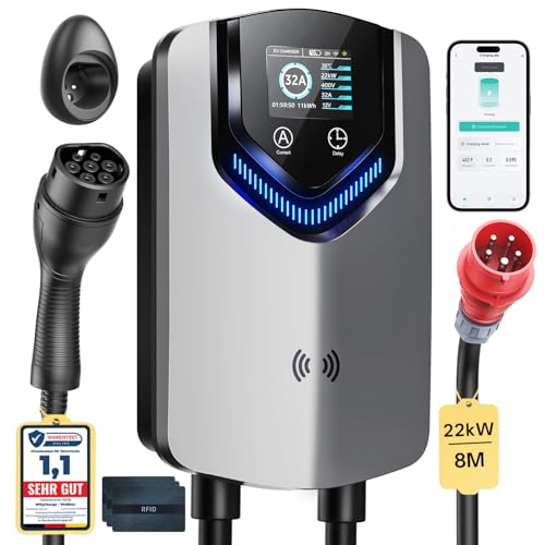 Wallbox Typ 2 22kW mit APP & RFID 3-Phasiges EV-Ladegerät 230 V 632 A 8M Kabel mit Kabelhalter RCD Typ B & IP54 Einstellung Startzeiteffiziente Ladestation für Zuhause für BEV PHEV