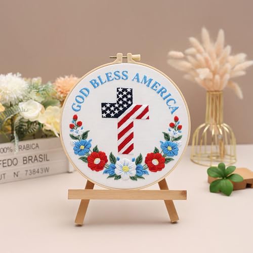 Image of Louise Maelys Embroidery Kit for Beginners, Cross Stitch Kits with Adults, DIY Needlepoint Kit with Christian Cross and Stars and Stripes Pattern, Including Cloth, Hoop, Instructions and Threads