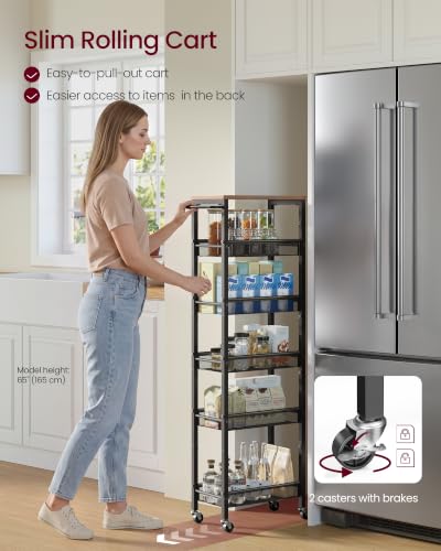 Image of VASAGLE 6-Tier Slim Rolling Storage Cart, Narrow Kitchen Cart with Wheels, Utility Organizer, 17.9 x 8.7 x 51.7 Inch, for Bathroom Pantry, Rustic Brown and Matte Black, Dacey Collection ULRC039K101