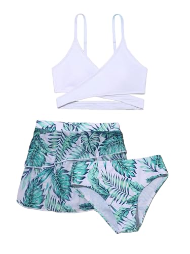 Image of Girl's 3 Piece Bikini Set Tropical Leaf Print Criss Cross Swimwear Bathing Suit Swimsuit with Skirts Cover Up Green 11-12Y