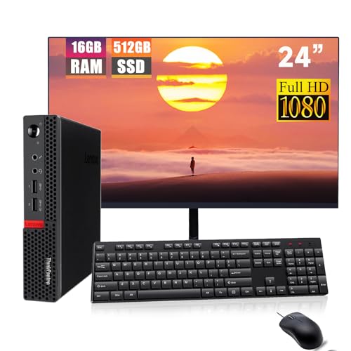 Lenovo ThinkCentre M910q Mini Ordinateur de Bureau avec écran 24 Pouces, Intel Core i5-6500, 16 Go de RAM, SSD de 512 Go, Clavier QWERTY américain, Wi-FI, Bluetooth et Windows 11 Pro (reconditionné)