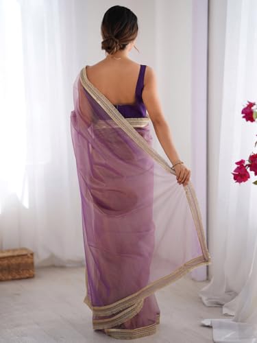 Image of AKHILAM Women's Shimmer Net Solid Saree With Unstitched Blouse Piece