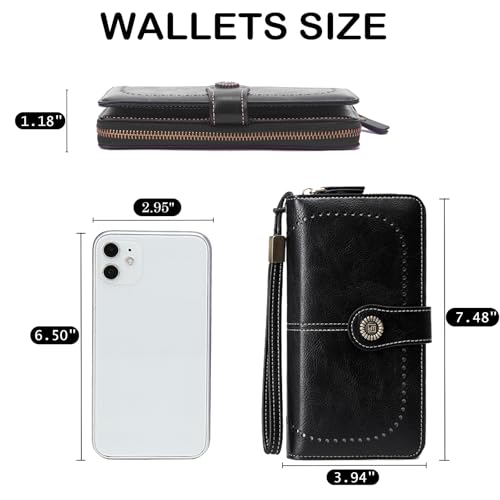 BYWAUQI Wallets for Women Leather Large Capacity Credit Card Holder for Women with Wristlet Zipper Pocket ID Window(black)4