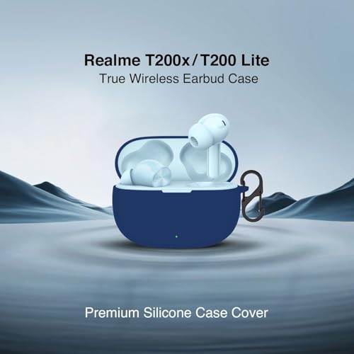 Image of Prolet Earbuds Case Compatible with Realme Buds T200x /T200 Lite, Silicone Shockproof Dustproof Cover, 360 Degree Protection, Anti-Scratch Soft TPU Skin, Carabiner Hook (Blue)