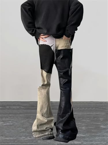 Men Coating Waxing Patchwork Old Baggy Flare Jeans Vintage Long Trousers Pantalones3