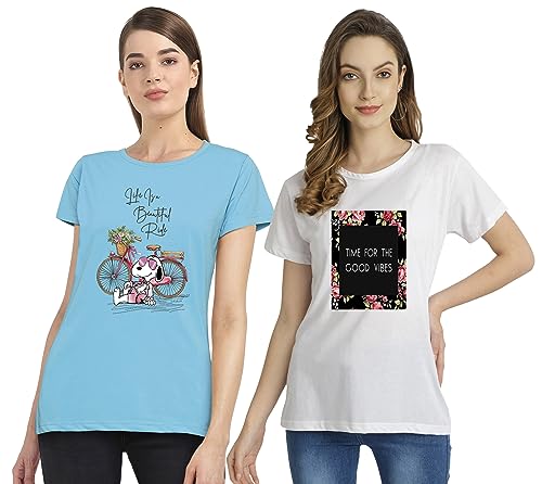 Image of Combo Women's T-Shirts, Cotton Half Sleeves Round-Neck Printed T-Shirt for Girls, & Women Tees (Pack of 2) 960-980-