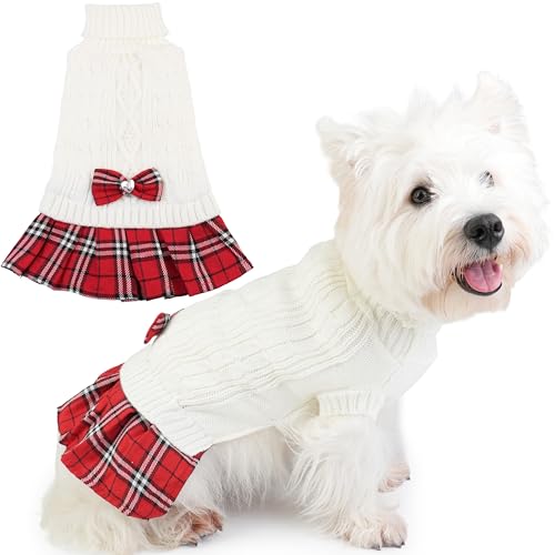 Image of Small Dog Sweater with Bowtie Turtleneck Dog Sweaters Dresses for Cold Weather Puppy Knitwear Pullover for Wedding Party Pet Winter Knitted Clothes for Yorkies Chihuahua (White L)
