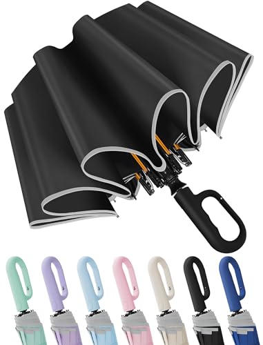 Seniny Travel Umbrella with Carabiner Handle, Automatic Windproof Large Umbrellas for Rain, Portable Compact Umbrella with Reflective Strip, Car Backpack UV Umbrellas for Sun Protection