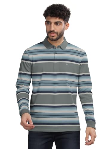 Image of BULLMER Striped Textured Printed Polo Neck Fullsleeve T-Shirt with Rib for Men