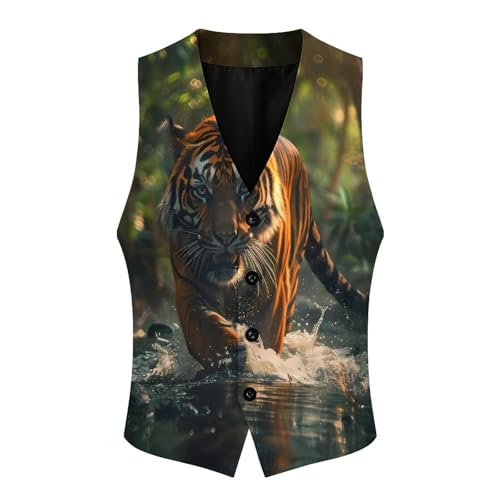 Green Forests Tiger Men's Suit Vest Waistcoat Vests Formal Dress with 2 Pockets for Business Casual Tuxedo3