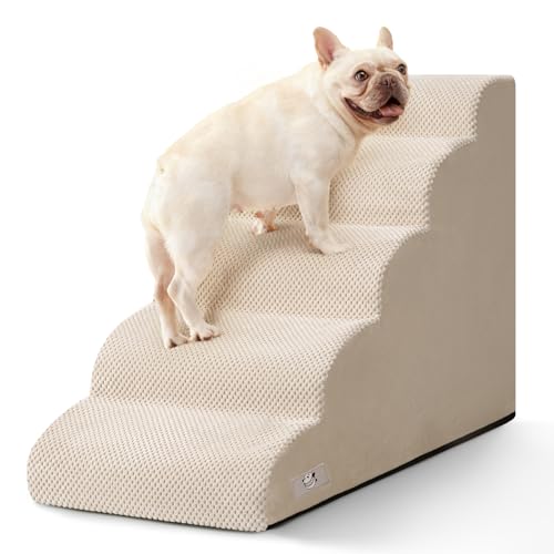 Airpanda 5 Step Dog Stairs for High Bed Pet Steps for Small Dogs Non-Slip Dog Ramp with Washable Cover Pet Ladder for High Beds Beige