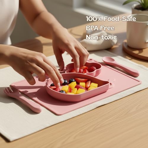 Image of Silicone Baby Meal Plate Set with Spoon & Fork | Whale Shaped | Strawberry Pink Colour | 2 Section Divided Plate for Toddlers | Food Grade Kids Feeding Set | Microwave Dishwasher Safe