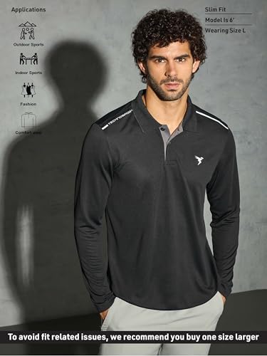 Image of TECHNOSPORT Men's Solid Full Sleeve Polo T-Shirt TECHNOCOOL+ Quick Dry Slim Fit Sports Tee for Travel Casual Smart Wear UPF50+ Anti Odour