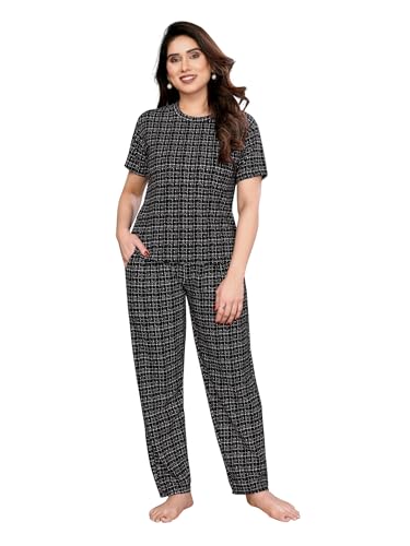 Image of VJ Fashion Women's Cotton Lycra Printed & Knitted Round Neck Night Wear Set of Top and Pazama