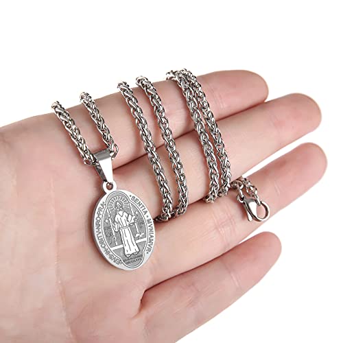 P. BLAKE Oval Saint Christopher/Michael/Joseph/Jude/Virgin Mary/Joseph/Francis/Patrick/Anthony/Benedict/Thomas Necklace for Men Women, Stainless Steel Catholic Patron Pendant with Chain 24 Inches