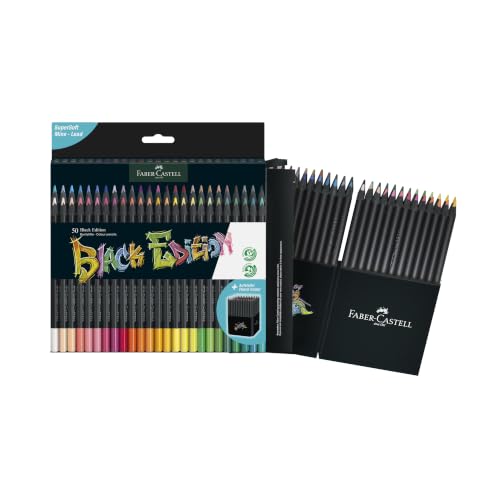 Image of Faber-Castell Blackwood 116450 Colouring Pencils, Black Edition, Pack of 50, Bright Colours with Soft Line, Black Wood