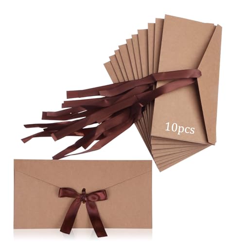 10PCS Gift Card Envelopes with Bows, Paper Envelope Creative Ribbon Envelope Retro Color Large Special Paper Envelope for Handmade Invitations, Wedding or Festival Cards