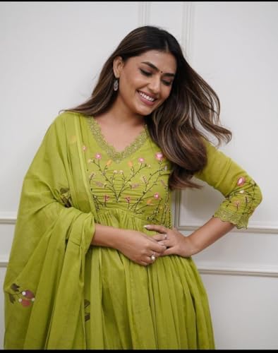 Image of Preeson Women's Pure Cotton Embroidery V Neck Kurti with Pants and Dupatta Set