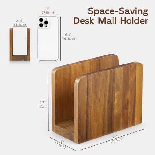 BWODYAY Acacia Wood Mail Organizer, Mail Holder for Desk, Letter Holder for Countertop, Small Envelope Holder, Desk Organizers and Accessories for Home Office