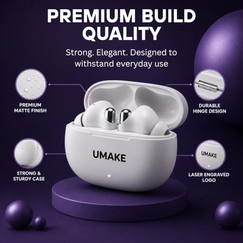 Image of Umake True Wireless Earbuds Bluetooth 5.4, Deep Bass Stereo Sound, ENC Noise Reduction Mic, Touch Controls, Fast Charging Case, IPX5 Water Resistant, TWS Earbuds for Android - White
