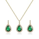 Aliyoham 14K Gold Plated Emerald Jewelry Set, Necklace and Earrings for Women - May Birthstone Pendant with Matching Studs, Elegant Gift for Birthday & Anniversary