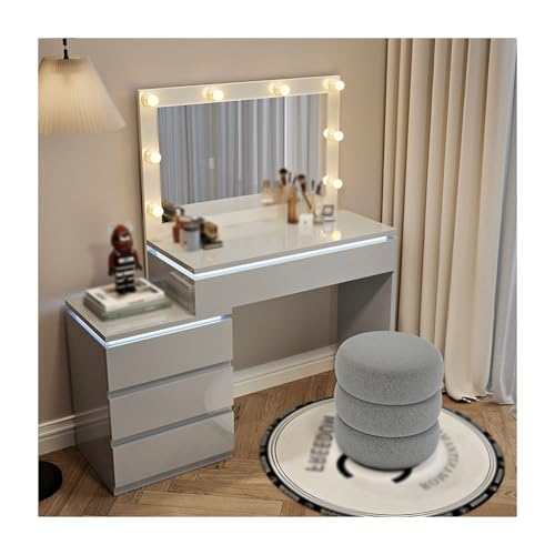 Mesa de tocador de maquillaje con espejo ajustable, escritorio cosmético moderno, perfecto para decoración de dormitorio de niñas y mujeres, incluye taburete redondo, acabado blanco