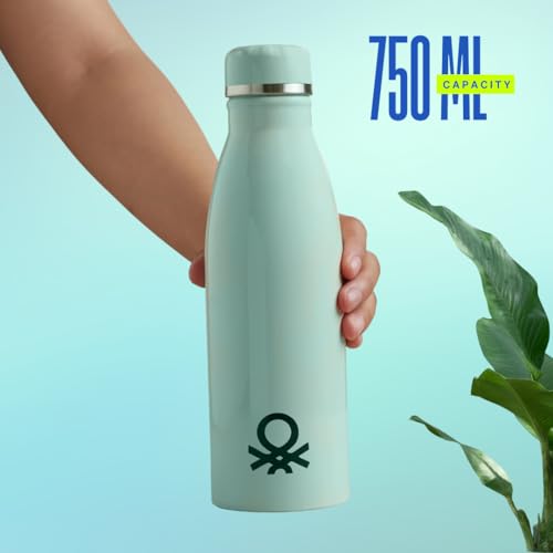 Image of United Colors of Benetton 750 ml Stainless Steel Water Bottle, Single Wall, Lightweight, Durable, Leak-Proof Cap, BPA-Free, Rust Resistant, Easy to Clean, Travel /Gym /Office /School Use (Green)