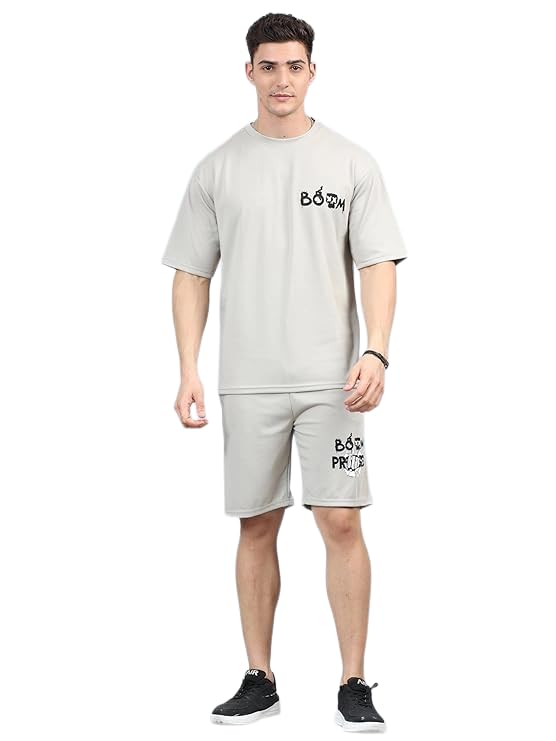 Men's Cotton Comfort Night Suit - Half Sleeve Oversized Printed Shirt & Crew Neck, Western Style Casual Nightwear, Soft Cotton Fabric, Perfect for Sleep & Lounge, Standard Length Light Grey-image-7