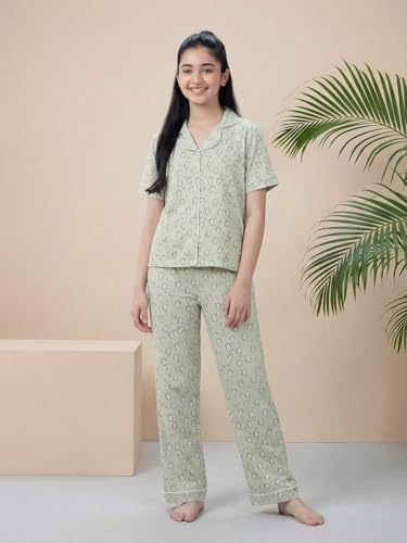 Image of Li'l Tomatoes Girls 100% Cotton Night Suit Set | Half Sleeve Shirt & Pyjama Set | Soft & Breathable Sleepwear | Casual Summer Wear | 9-16 Years