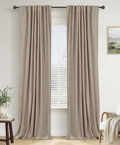 Image of 100% Blackout Shield Linen Blackout Curtains for Bedroom 90 Inches Long, Back Tab /Rod Pocket Living Room Drapes, Thermal Insulated Blackout Curtains 2 Panels Set, 50 inch W x 90 inch L,Burlywood Birch