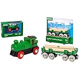 BRIO World 33595 Speedy Green Batterielok - Inklusive Scheinwerfer, kann vorwärts und rückwärts Fahren - Geeignet für Kinder ab 3 Jahren & Bahn 33696 - Langholzwagen
