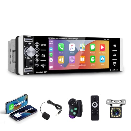 Wireless Apple Carplay Autoradio 1 Din mit Android Auto FM/AM/RDS Radio Bluetooth Freisprecheinrichtung 5.1 Zoll Autoradio mit Mirror Link Bluetooth USB/AUX/TF/EQ Lenkradsteuerung Rückfahrkamera