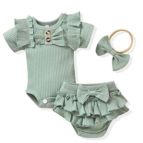 Image of Aalizzwell Baby Girls Short Sleeve Bodysuit Bloomer Shorts Ribbed Outfits