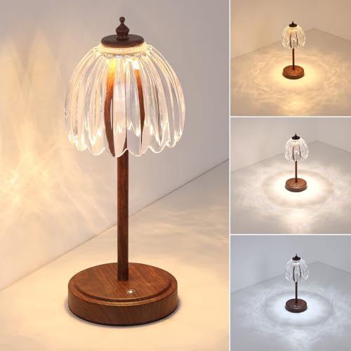 Image of Shenmoyl Tulip Table Lamp with 5200mAh Battery & Touch Control, Small Cordless Table Lamp with 3 Colors, Rechargeable Battery Operated Table Lamps for Bedroom, Desk, Bedside (Transparent-Walnut Color)