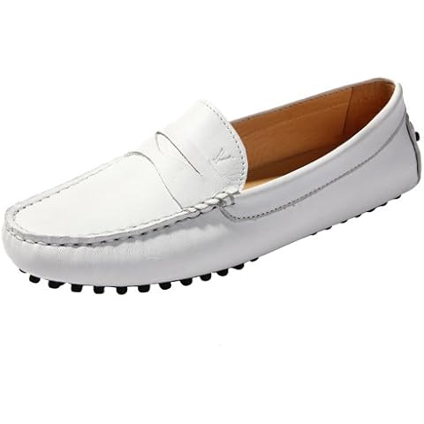 AUSLAND Women's Leather Loafers Driving - Penny Style Driving Moc Rubber Granules Sole Moccasin 8.5US V7052 White 39EU Cover