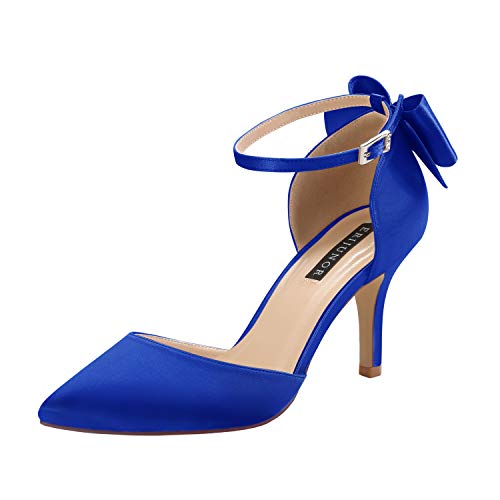 Image of ERIJUNOR Wedding Evening Party Shoes Comfortable Mid Heels Pumps with Bow Knot Ankle Strap Wide Width Satin Shoes