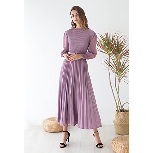 CHICWISH Women's Lilac/Yellow/Dark Green/Tan Full Pleated Belted Maxi Dress4