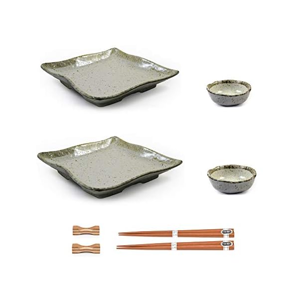 Zen Minded Japanese Sushi Plate Set with Sauce Dishes & Chopsticks in Beige Glazed Ceramic