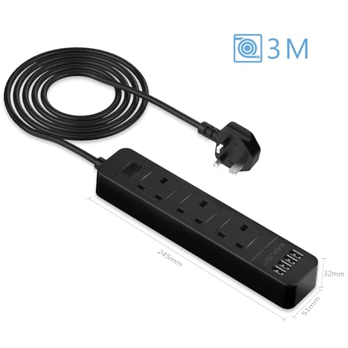 JSVER Extension Lead with USB Slots, 3M Power Strip 3250W 13A with 4 USB Smart Charging Ports Desk Power Socket with Switch for Home Travel-Black - Image 2