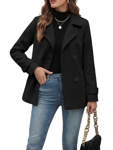 Image of IDEALSANXUN Wool Coats for Women Fall Fashion Outfits Clothes 2025 Double Breasted Winter Coats Peacoat Jackets, Black, M