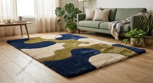 Image of Tauhid Carpet Super Soft Microfiber Shaggy Area Rug Modern Abstract Green Blue & Cream Plush Carpet | Fluffy Floor Rug for Living Room, Bedroom 6x9 Feet.