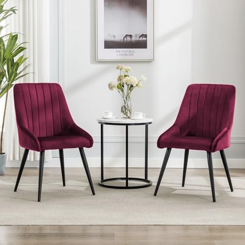 Image of Finch Fox Morris Velvet Dining Chair for Living Room, Bedroom, Home Office with Black Metal Legs in Dark Pink Color (Set of 4)