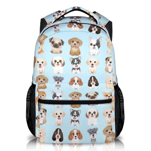 Dog Backpacks for Kids, Large Capacity Backpack for School, Cute Blue Doggy Print Lightweight Bookbag for Boys & Girls