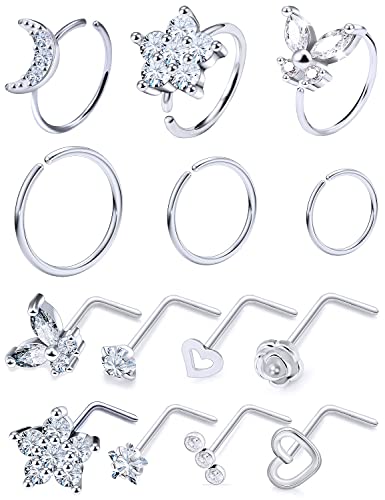 20G Nose Rings Hoops 316L Stainless Surgical Steel Hypoallergenic Nose Rings Studs Piercing Jewelry for Women Men Diamond Clear CZ Silver Gold Black Rainbow Rose Gold