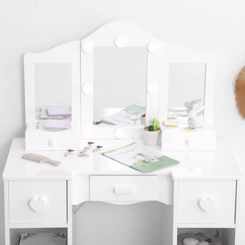 Kids Vanity Set With Mirror, 2-In-1 Wooden Toddler Vanity Table With Stool, Tri-Folding Mirror & Drawer,Princess Pretend Play Makeup Vanity Princess Makeup Desk Dressing Table for Little Girls