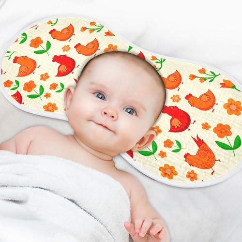 Cheery Chickens Pattern Muslin Burp Cloths for Baby 4-Layer Absorbent Cotton Large 22" x 11" Soft Spit Up Rags for Newborns Boys Girls, 1 Pack4