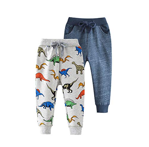 Huaer& Baby Boy's Jogger Pants Dinosaur Car Animal Print Drawstring Elastic Sweatpants (1-Pack 2-Pack) (Dark + Dinosaur 2, 5T) #TOP13